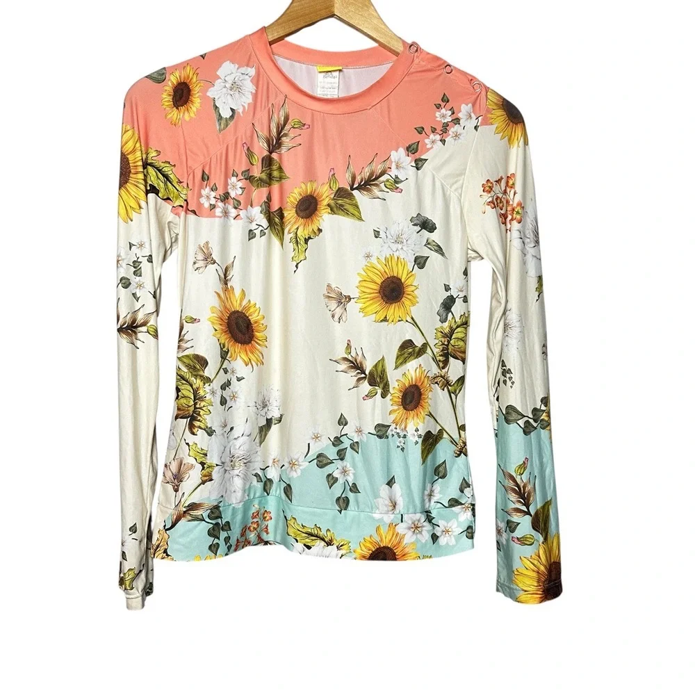 Agua Bendita Girls Sunflower Floral Rash Guard Swim Top Long Sleeve Coral 12‎